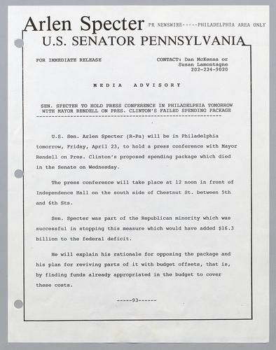 Senator Specter to hold press conference in Philadelphia tomorrow with Mayor Rendell on President Clinton's failed spending package