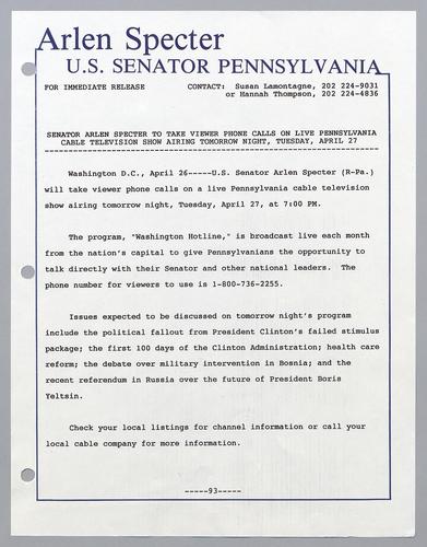 Senator Specter to take viewer phone calls on live Pennsylvania cable television show airing tomorrow night, Tuesday, April 27