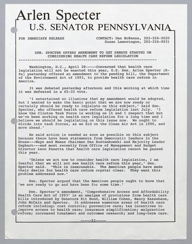 Senator Specter offers amendment to get Senate started on considering health care reform legislation