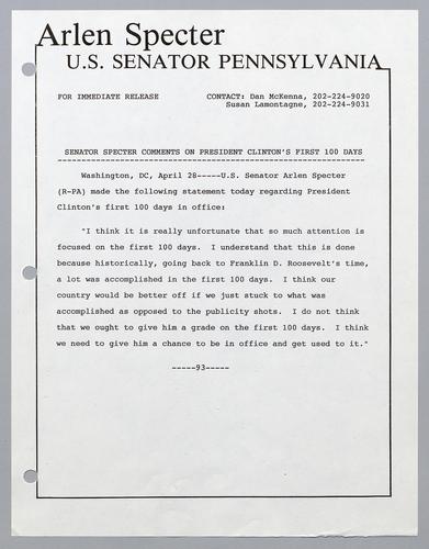 Senator Specter comments on President Clinton's first 100 days
