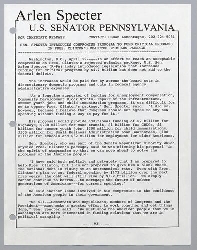 Senator Specter introduces compromise proposal to fund critical programs in President Clinton's rejected stimulus package