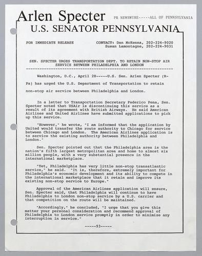 Senator Specter urges Transportation Department to retain non-stop air service between Philadelphia and London