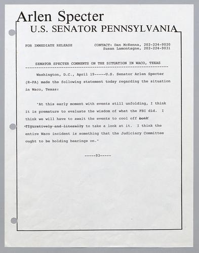 Senator Specter comments on the situation in Waco, Texas