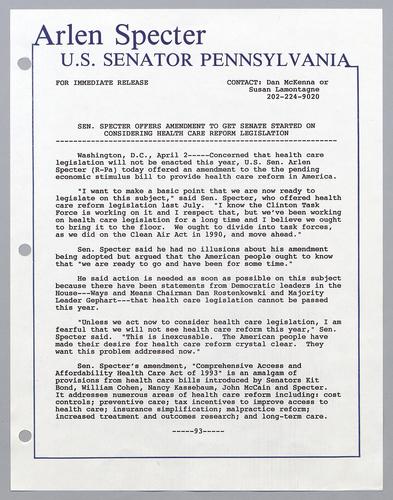 Senator Specter offers amendment to get Senate started on considering health care reform legislation