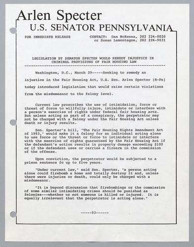 Legislation by Senator Specter would remedy injustice in criminal provisions of fair housing law