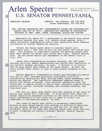Senator Specter introduces the "Comprehensive Access and Affordability Health Care Act of 1993," combining key portions of legislation proposed by Senators Bond, Cohen, Kassebaum, McCain, and Specter