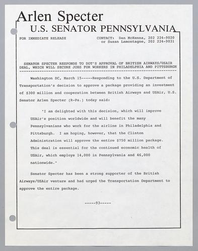 Senator Specter responds to DOT's approval of British Airways/USAir deal, which will secure jobs for workers in Philadelphia and Pittsburgh