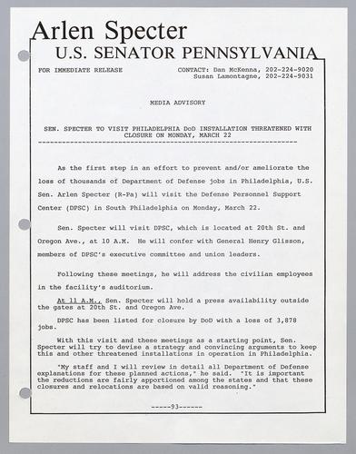 Senator Specter to visit Philadelphia DOD installation threatened with closure on Monday, March 22