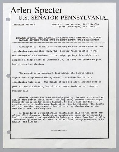 Senator Specter wins approval of health care amendment to budget package setting target date to enact health care legislation