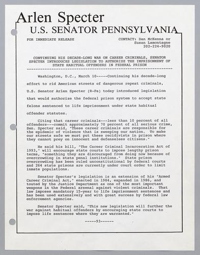 Continuing his decade-long war on career criminals, Senator Specter introduces legislation to authorize the imprisonment of state habitual offenders in federal prison