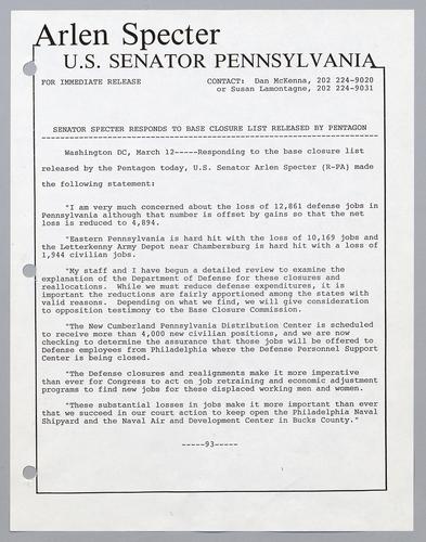 Senator Specter responds to base closure list released by Pentagon