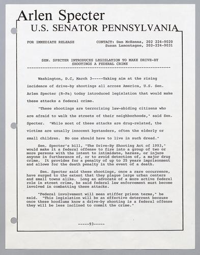 Senator Specter introduces legislation to make drive-by shootings a federal crime
