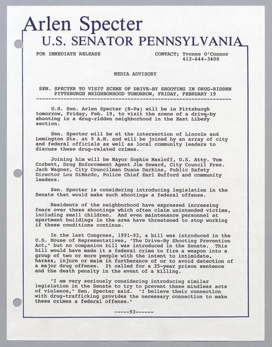 Senator Specter to visit scene of drive-by shooting in drug-ridden Pittsburgh neighborhood tomorrow, Friday, February 19