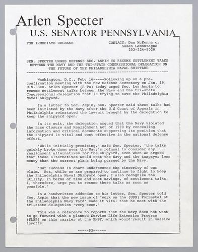 Senator Specter urges Defense Secretary Aspin to resume settlement talks between the Navy and the tri-state Congressional delegation on the future of the Philadelphia Naval Shipyard