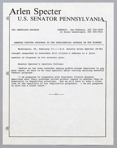 Senator Specter's responds to Presidential address on the economy