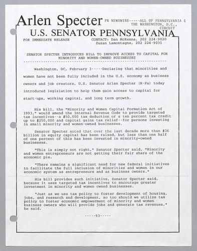 Senator Specter introduces bill to improve access to capital for minority and women-owned businesses