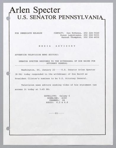 Senator Specter responds to the withdrawal of Zoe Baird for Attorney General