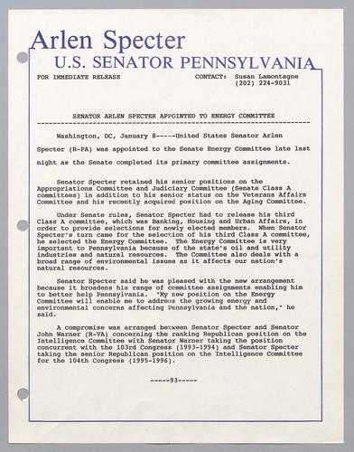 Senator Arlen Specter appointed to Energy Committee