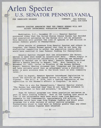 Senator Specter announces that the Census Bureau will not adjust intercensal population estimates