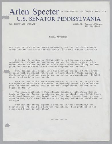 Senator Specter to be in Pittsburgh on Monday, November 30, to thank western Pennsylvanians for his reelection victory and to hold a press conference