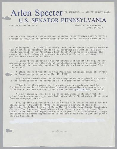 Senator Specter supports speedy federal approval of Pittsburgh Post Gazette's efforts to purchase Pittsburgh Press's assets so it can resume publishing