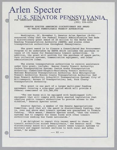 Senator Specter announces discretionary bus award to twelve Pennsylvania transit authorities