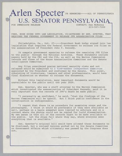 President Bush signs into law legislation, co-authored by Senator Specter, that requires the federal government to release JFK assassination files