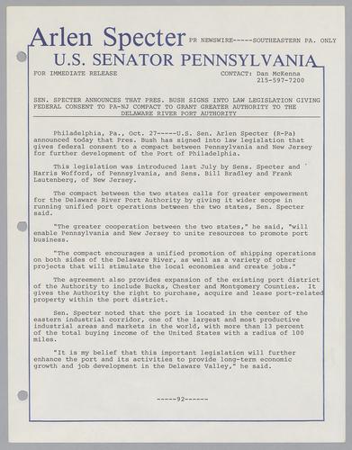 Senator Specter announces that President Bush signs into law legislation giving federal consent to PA-NJ compact to grant greater authority to the Delaware River Port Authority