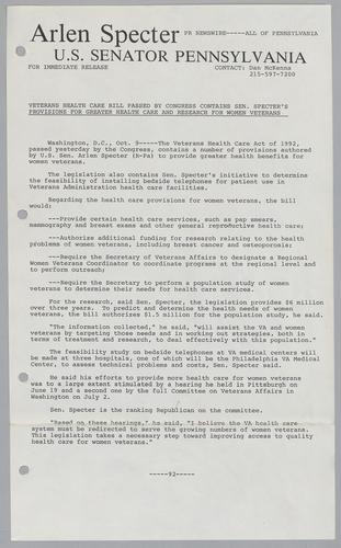 Veterans' health care bill passed by Congress contains Senator Specter's provisions for greater health care and research for women veterans