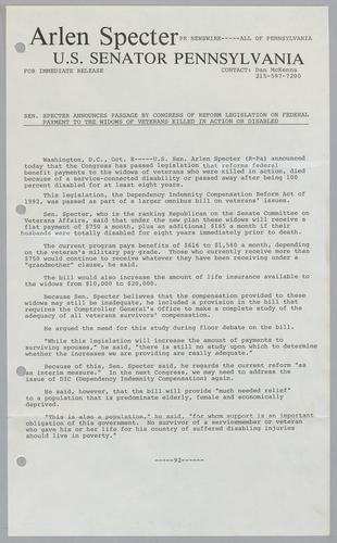 Senator Specter announces passage by Congress of reform legislation on federal payment to the widows of veterans killed in action or disabled