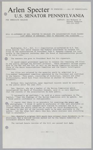 Bill co-authored by Senator Specter to release JFK assassination files passes last hurdle in Congress; goes to President for signature