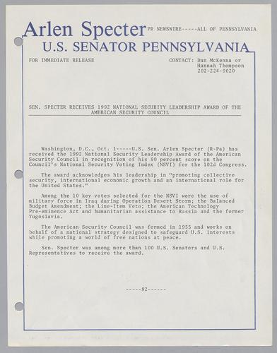 Senator Specter received 1992 National Security Leadership Award of the American Security Council