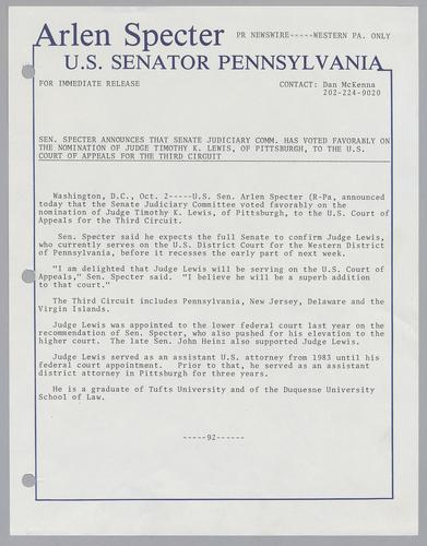 Senator Specter announces that Senate Judiciary Committee has voted favorably on the nomination of Judge Timothy K. Lewis, of Pittsburgh, to the U.S. Court of Appeals for the third circuit