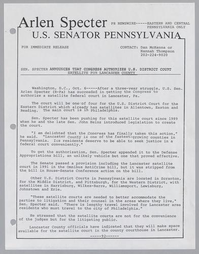 Senator Specter announces that Congress authorizes U.S. District Court satellite for Lancaster County