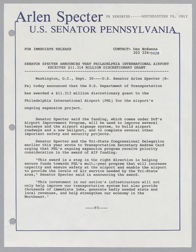 Senator Specter announces that Philadelphia International Airport receives $11.314 million discretionary grant