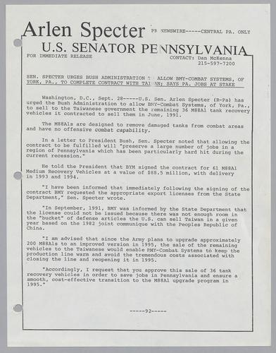 Senator Specter urges Bush Administration to allow BMY-Combat systems, of York, PA, to complete contract with Taiwan; says PA jobs at stake