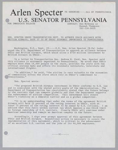 Senator Specter urges transportation department to approve USAir alliance with British Airways; says it is of great economic importance to Pennsylvania