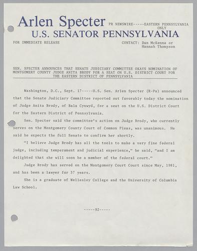 Senator Specter announces that Senate Judiciary Committee okays nomination of Montgomery County Judge Anita Brody for a seat on U.S. District Court for the Eastern District of Pennsylvania