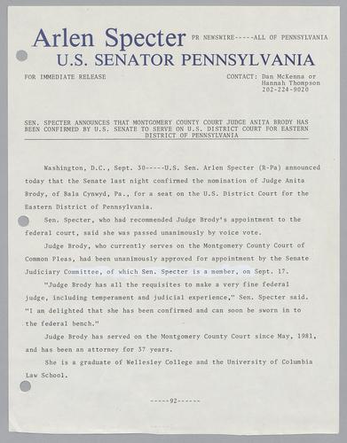 Senator Specter announces that Montgomery County Court Judge Anita Brody has been confirmed by the U.S. Senate to serve on U.S. District Court for Eastern Pennsylvania