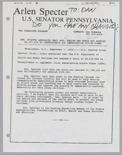 Senator Specter announces that Department of Health and Human Services has awarded $2,137,408 to Pennsylvania for immunization action plans