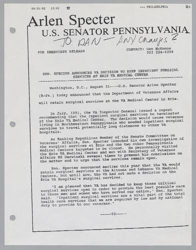 Senator Specter announces VA decision to keep impatient surgical services at Erie VA Medical Center