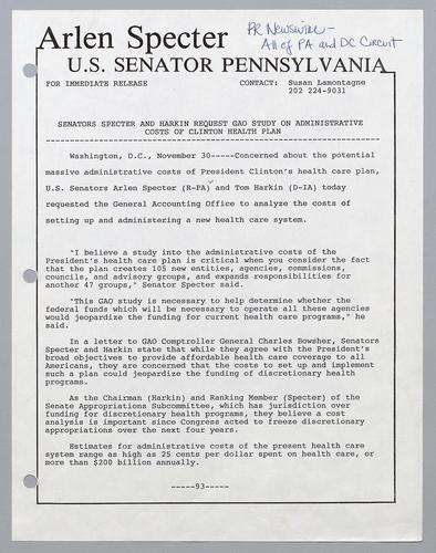 Senators Specter and Harkin request GAO study on administrative costs of Clinton health plan
