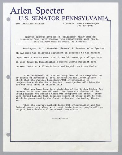 Senator Specter says he is "delighted" about Justice Department/FBI investigation into Philadelphia vote fraud; says Stinson will be ousted as a result