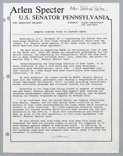 Senator Specter votes to support NAFTA
