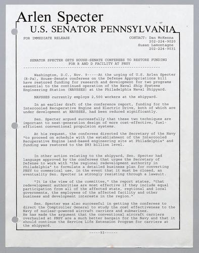 Senator Specter gets House-Senate conferees to restore funding for R and D facility at PNSY