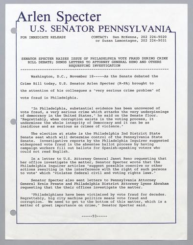 Senator Specter raises issue of Philadelphia vote fraud during crime bill debate; sends letters to Attorney General Reno and others requesting investigation
