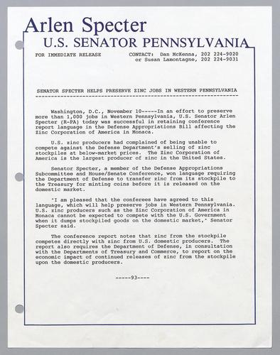 Senator Specter helps preserve zinc jobs in western PA