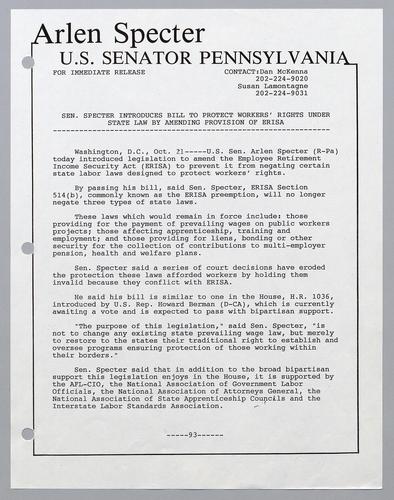 Senator Specter introduces bill to protect workers' rights under state law by amending provision of ERISA