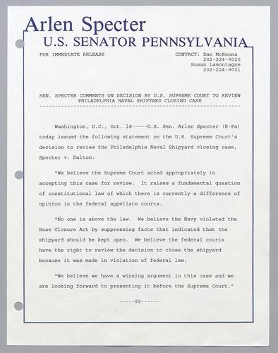 Senator Specter comments on decision by U.S. Supreme Court to review Philadelphia Naval Shipyard closing case