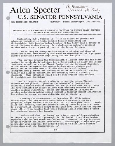 Senator Specter challenges Amtrak's decision to reduce train service between Harrisburg and Philadelphia